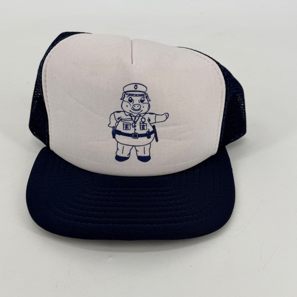 Vintage California‎ Headwear Police Pig Trucker Hat Navy Blue White Snapback 79